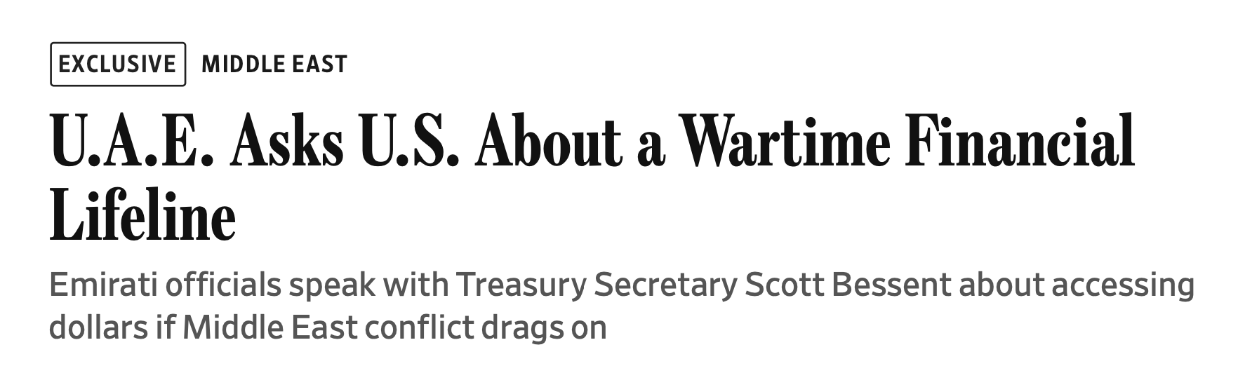 WSJ · April 19, 2026 — UAE asks Washington for wartime financial lifeline