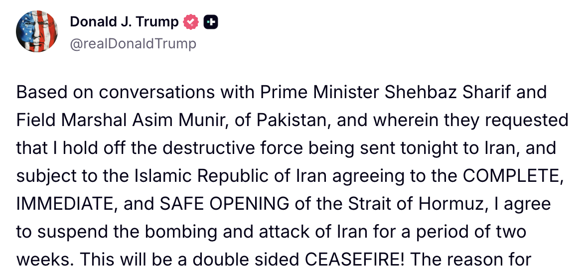 Truth Social · Trump extending olive branch with talks of productive negotiations