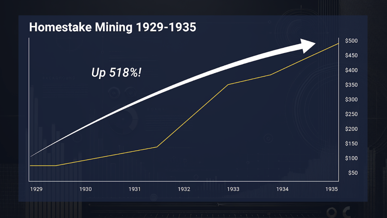 Homestake Mining 1929-1935 — gold miners rose while Dow collapsed